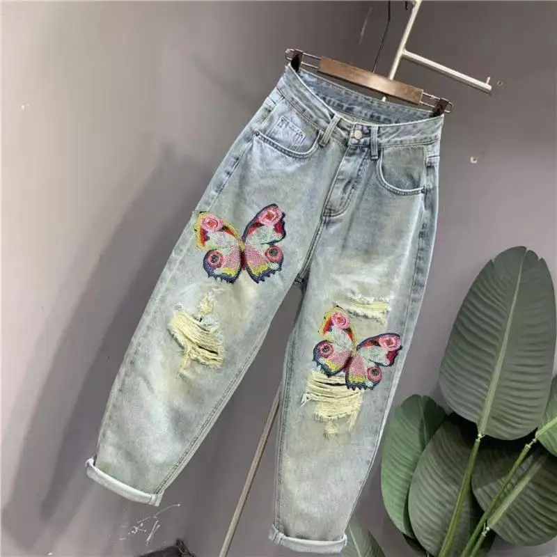 Jeansy damskie baggy plus size, z haftem, z przetarciami, w stylu retro