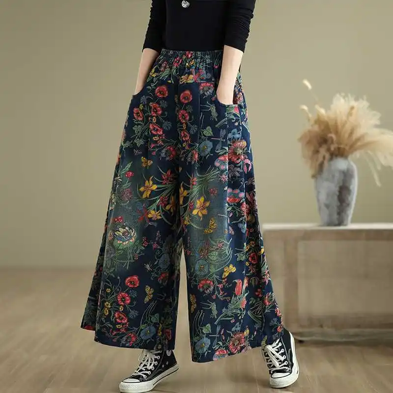 Jeansy damskie baggy plus size, z elastycznego denimu, z kwiatowym wzorem