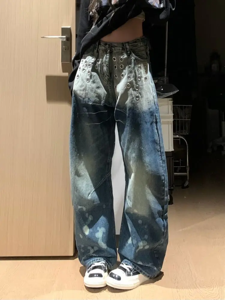 Jeansy damskie wide leg z przetarciami, w stylu streetwear