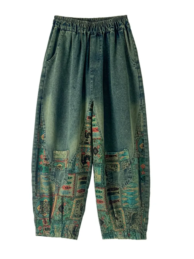 Jeansy damskie baggy z wysokim stanem, z nadrukiem, w stylu retro