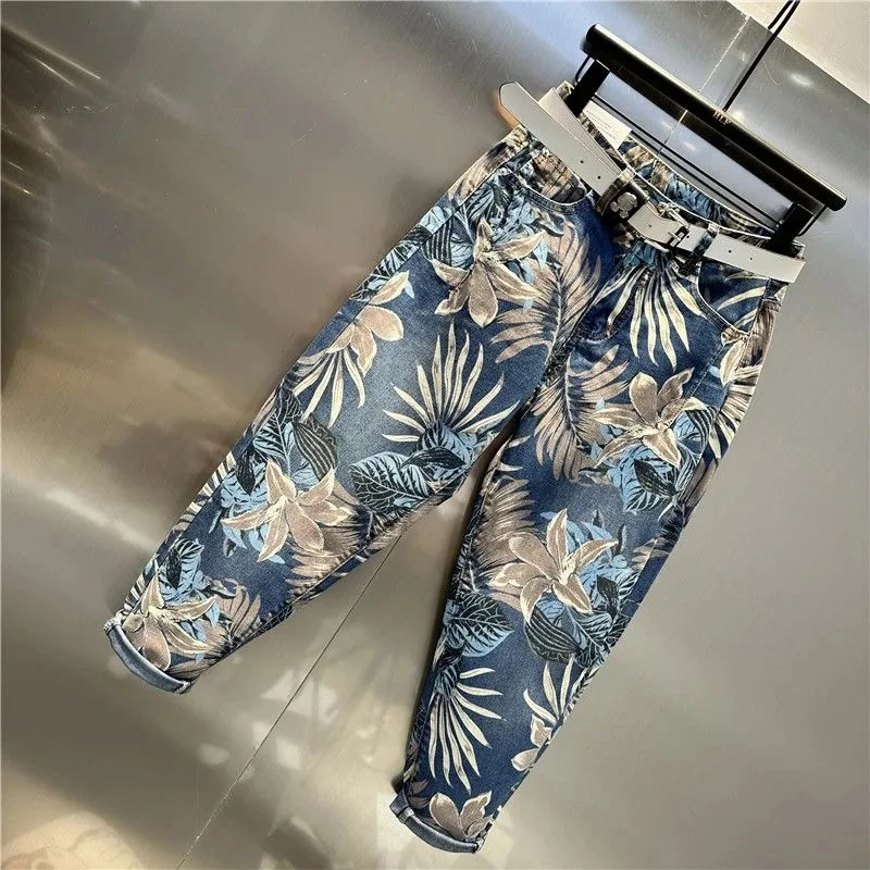 Jeansy damskie baggy z wysokim stanem, z nadrukiem, w stylu streetwear