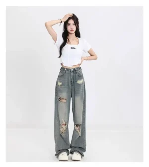 Jeansy damskie baggy z wysokim stanem, z przetarciami, w stylu streetwear