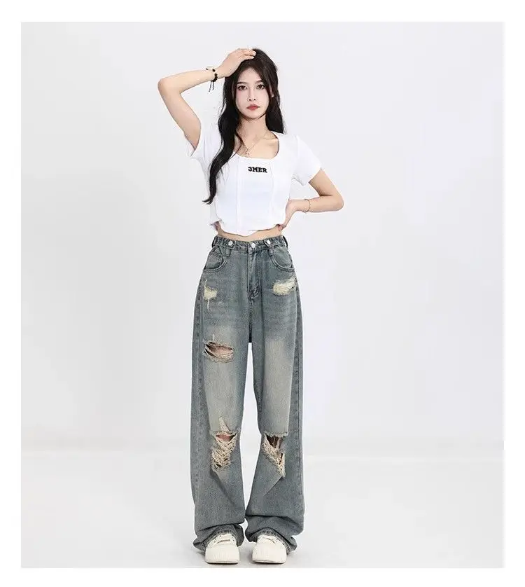 Jeansy damskie baggy z wysokim stanem, z przetarciami, w stylu streetwear