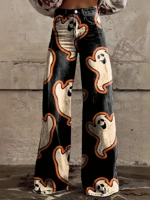 Niebieskie jeansy damskie wide leg z nadrukiem