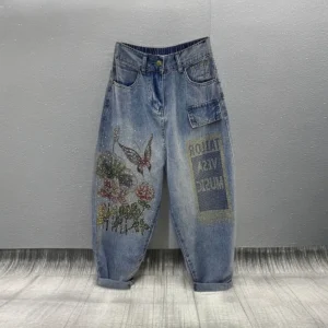 Jeansy damskie baggy z wysokim stanem, z ozdobnymi dżetami, w stylu retro