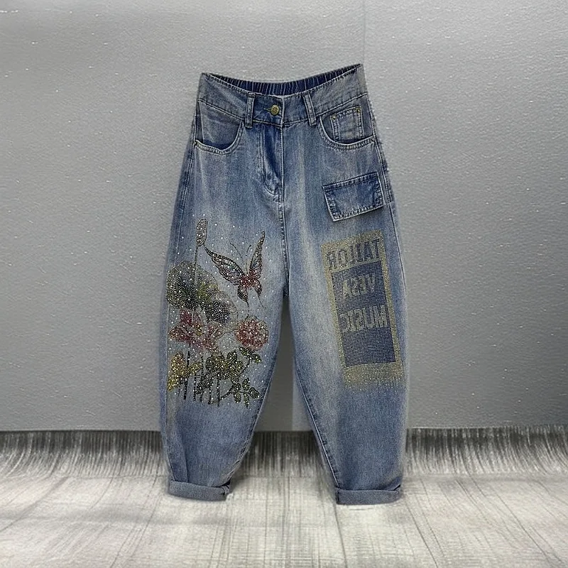 Jeansy damskie baggy z wysokim stanem, z ozdobnymi dżetami, w stylu retro