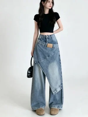 Niebieskie jeansy damskie wide leg, w stylu Y2K