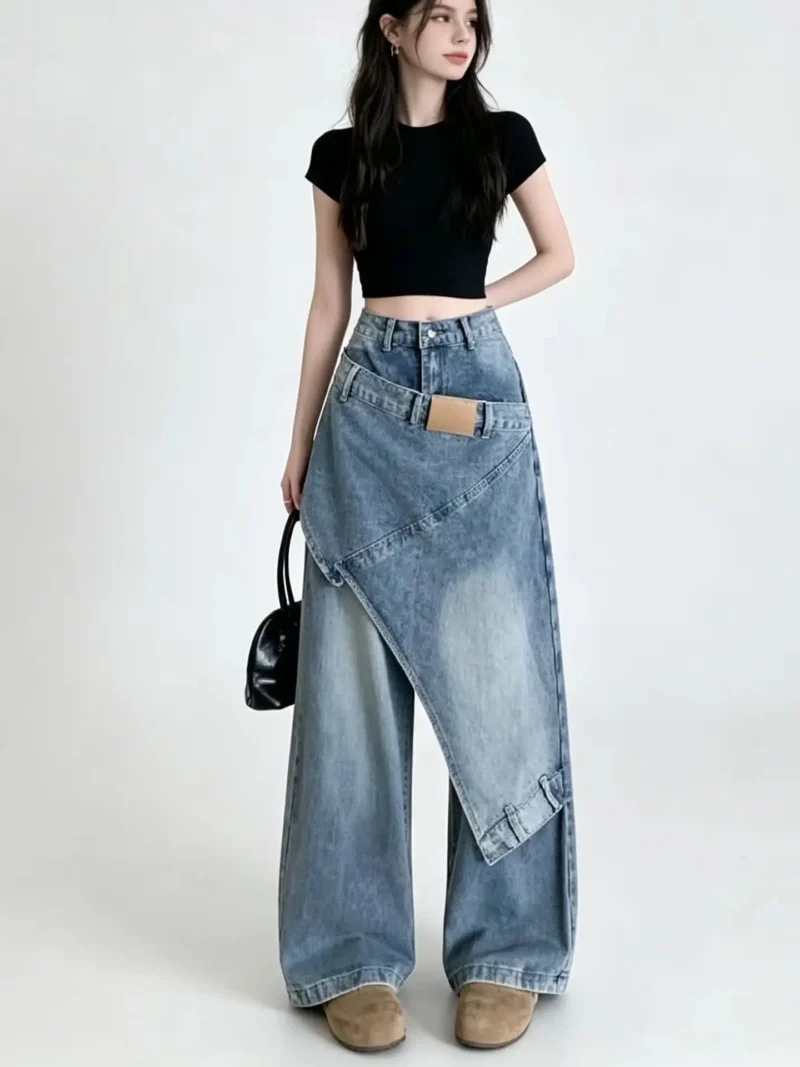 Niebieskie jeansy damskie wide leg, w stylu Y2K
