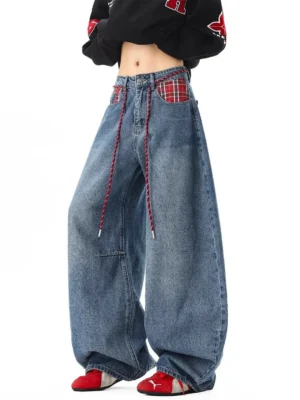 Czerwone jeansy damskie baggy z wysokim stanem, z kieszeniami, w kratę
