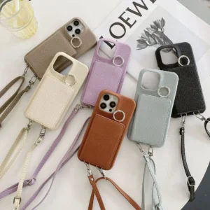 Etui na telefon z portfelem na karty, z paskiem, z lusterkiem, z uchwytem