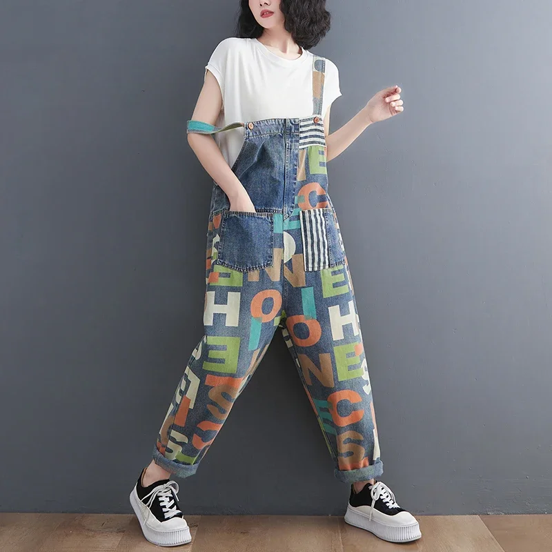 Jeansy damskie baggy z kieszeniami, z nadrukiem, w stylu retro