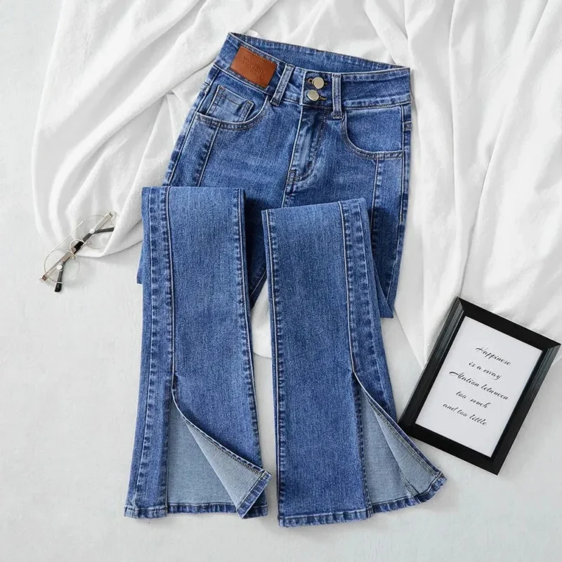 Jeansy damskie flare z wysokim stanem, w stylu retro