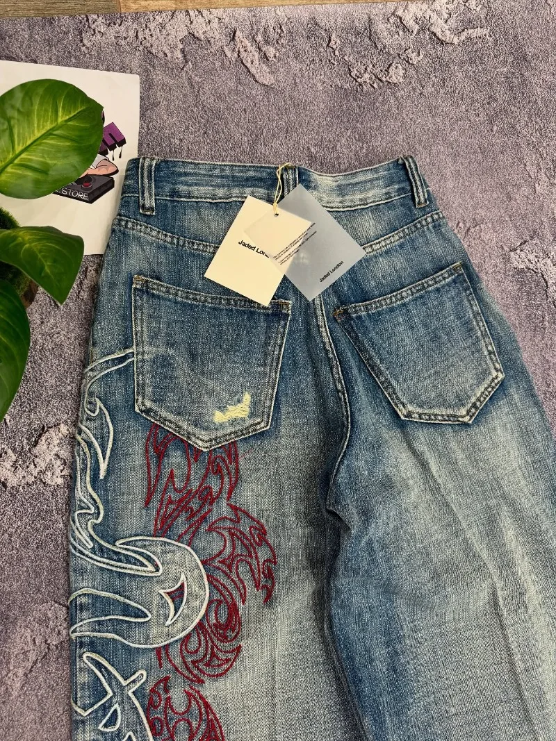 Jeansy damskie baggy z wysokim stanem, z haftem, w stylu Y2K