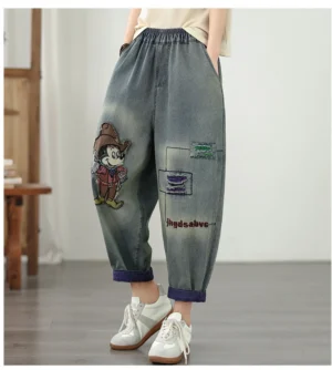 Jeansy damskie baggy z wysokim stanem, z elastycznego denimu, z nadrukiem