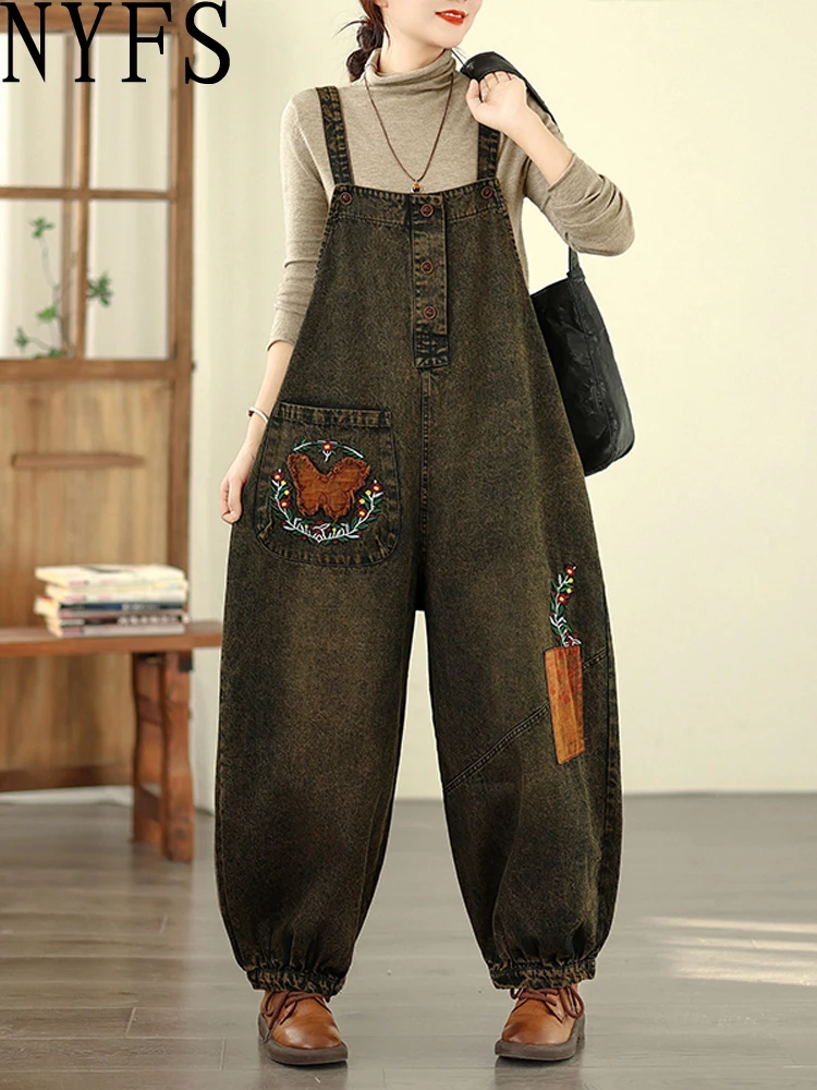 Jeansy damskie baggy plus size, z haftem, w stylu retro