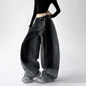 Niebieskie jeansy damskie baggy, w stylu Y2K
