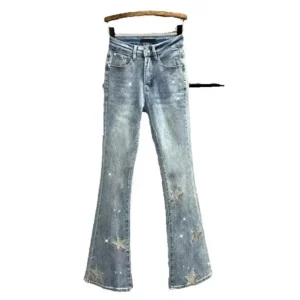 Jeansy damskie slim fit z wysokim stanem, z elastycznego denimu, z haftem