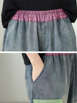 Jeansy damskie baggy z wysokim stanem, z elastycznego denimu, z nadrukiem