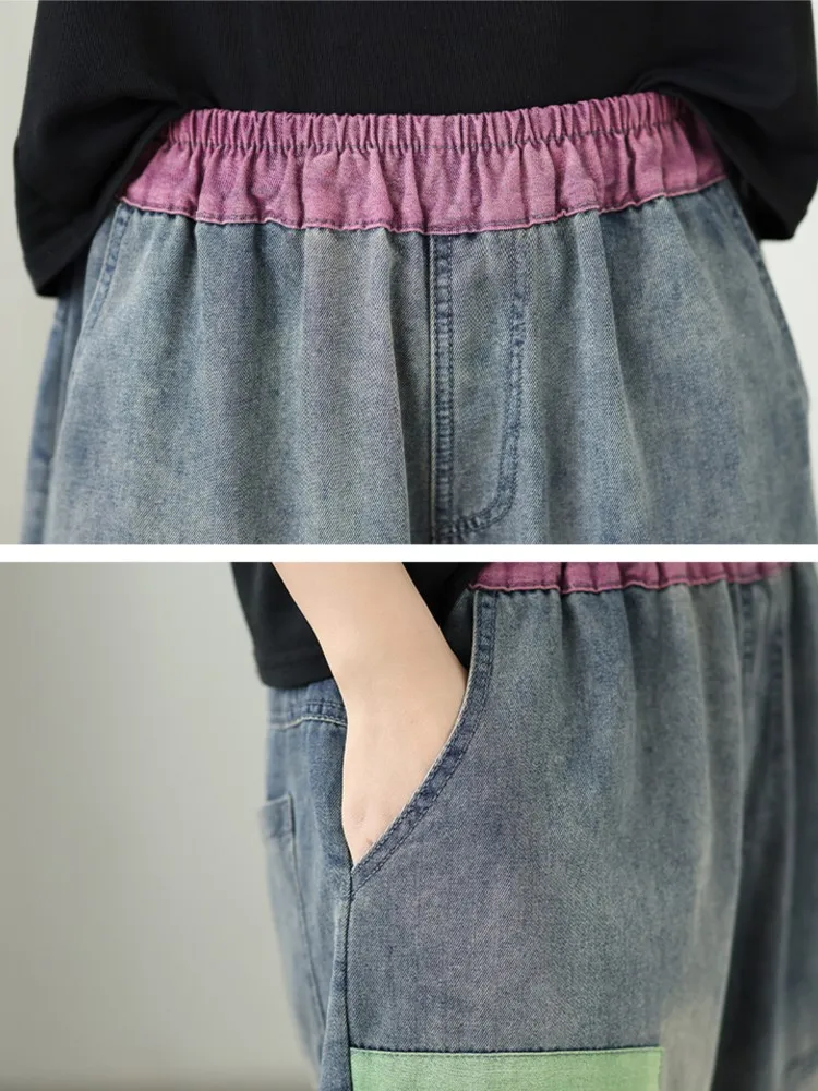 Jeansy damskie baggy z wysokim stanem, z elastycznego denimu, z nadrukiem