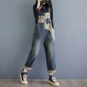 Jeansy damskie baggy patchworkowe, w stylu retro