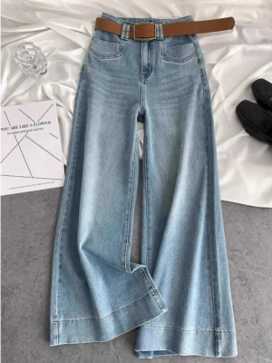 Niebieskie jeansy damskie flare z wysokim stanem, w stylu retro