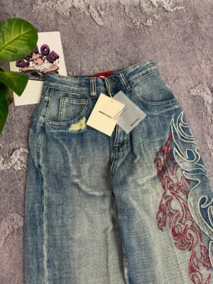 Jeansy damskie baggy z wysokim stanem, z haftem, w stylu Y2K