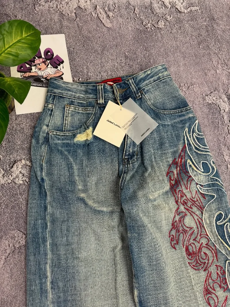 Jeansy damskie baggy z wysokim stanem, z haftem, w stylu Y2K