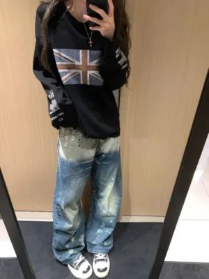 Jeansy damskie wide leg z przetarciami, w stylu streetwear