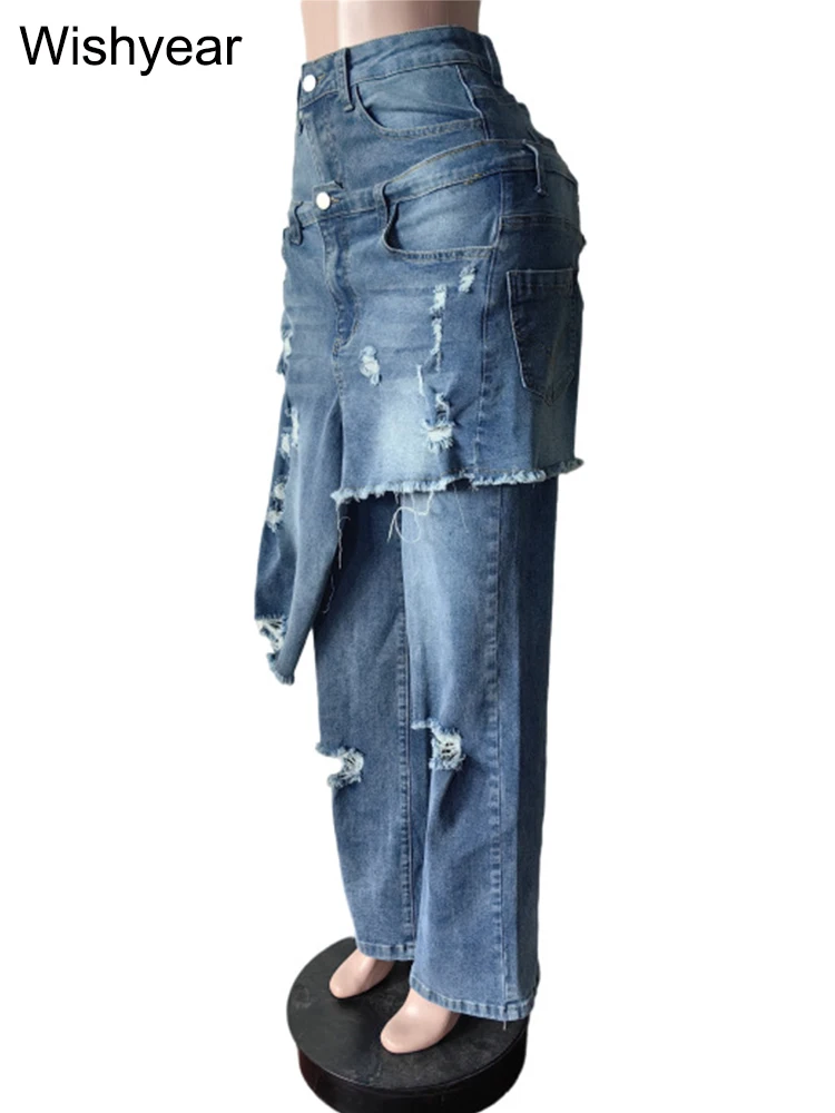 Niebieskie jeansy damskie wide leg z elastycznego denimu, z przetarciami