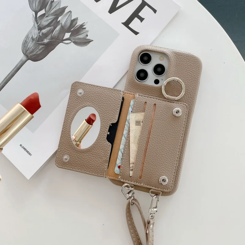 Etui na telefon z portfelem na karty, z paskiem, z lusterkiem, z uchwytem