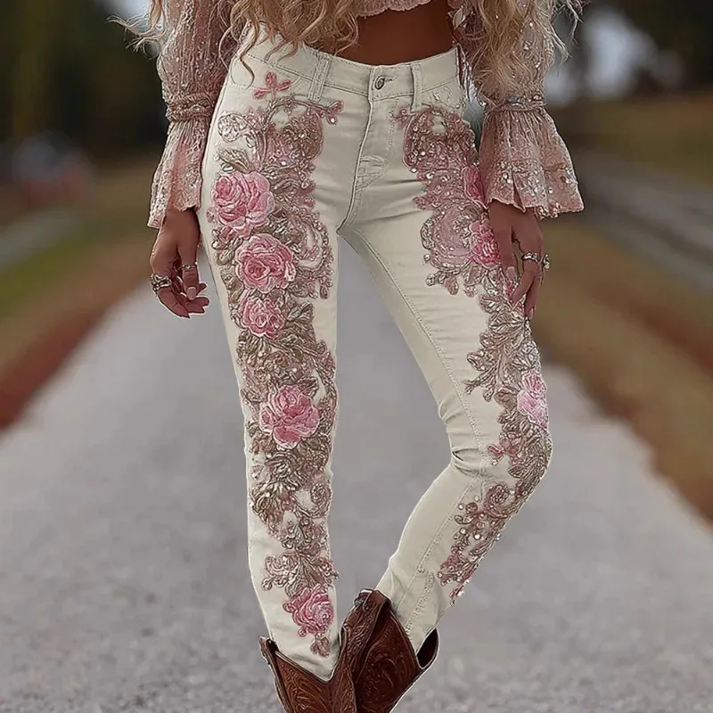 Jeansy damskie z wysokim stanem, z elastycznego denimu, z kwiatowym wzorem