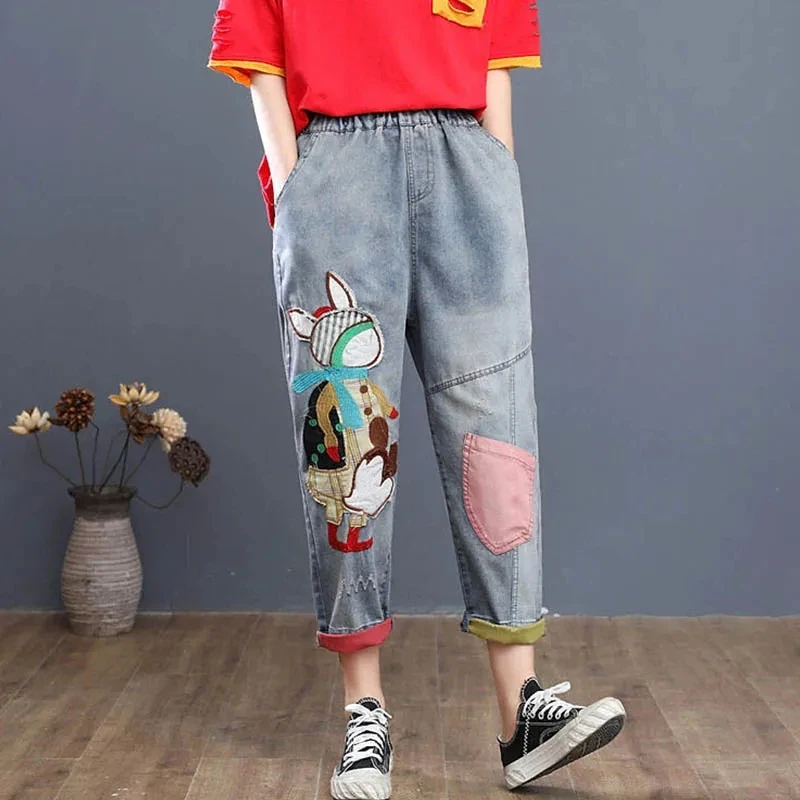 Jeansy damskie baggy z wysokim stanem, z haftem, w stylu retro