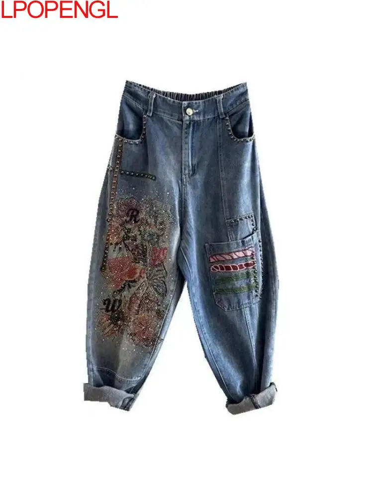 Jeansy damskie baggy z elastycznego denimu, z haftem, z ozdobnymi dżetami