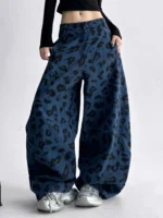 Niebieskie jeansy damskie baggy z wysokim stanem, w panterkę, w stylu Y2K