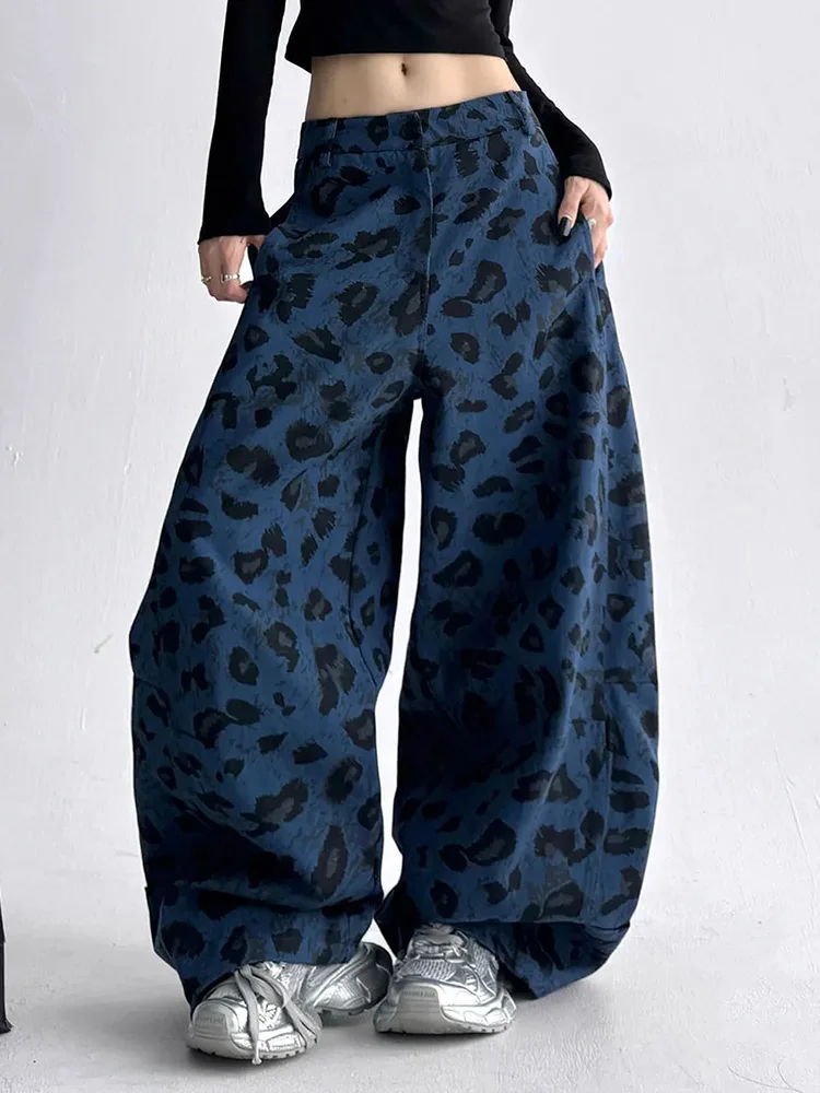 Niebieskie jeansy damskie baggy z wysokim stanem, w panterkę, w stylu Y2K