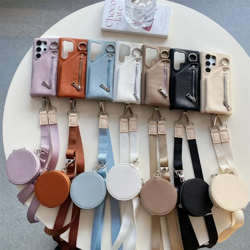 Etui na telefon z portfelem na karty, z paskiem, skórzane, do Samsung