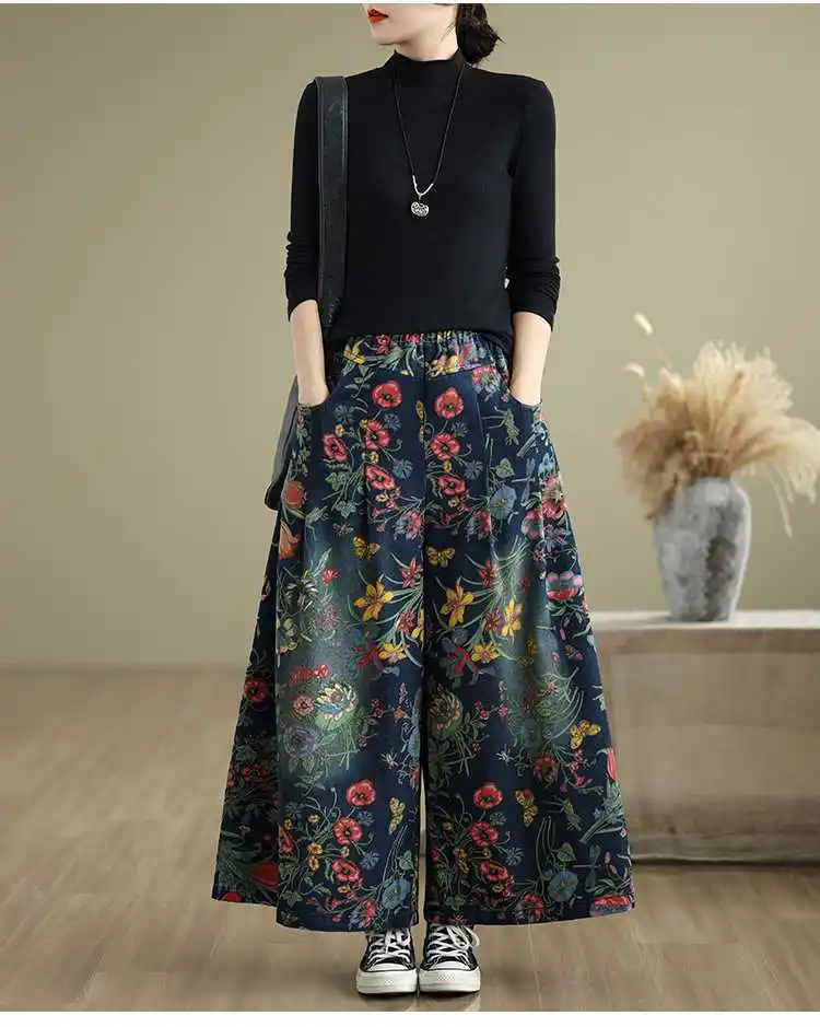 Jeansy damskie baggy plus size, z elastycznego denimu, z kwiatowym wzorem