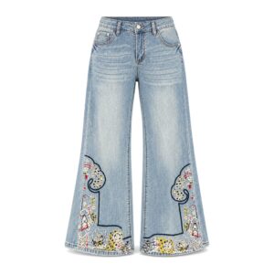 Jeansy damskie wide leg z wysokim stanem, z haftem - Niebieski, S