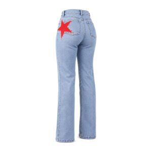 Jeansy damskie straight leg z wysokim stanem, z motywem gwiazd - Niebieski, L