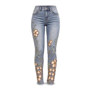 Jeansy damskie slim fit z wysokim stanem, z haftem, z przetarciami - Niebieski, M