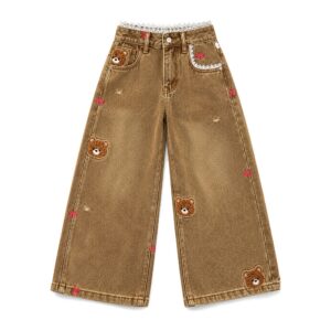 Jeansy damskie wide leg z wysokim stanem, z haftem, z koronką - Card brown, L