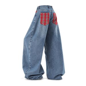 Czerwone jeansy damskie baggy z wysokim stanem, z kieszeniami, w kratę - Niebieski, M