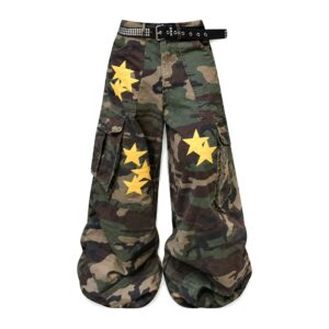 Jeansy damskie baggy w gwiazdy z paskiem do codziennych stylizacji - Zielony, XXL