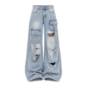 Jeansy damskie baggy z ciemnym wzorem na nogawkach do stylizacji damskich - Niebieski, M