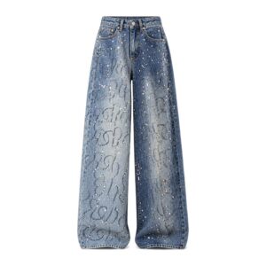 Niebieskie jeansy damskie slim fit z wysokim stanem, z ozdobnymi dżetami - Niebieski, S
