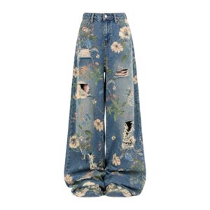 Jeansy damskie baggy z wielobarwnym nadrukiem do codziennych stylizacji - Niebieski, XL