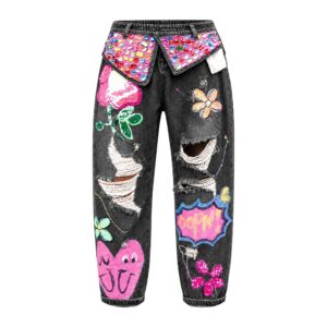 Jeansy damskie baggy ze średnim stanem, z ozdobnymi dżetami, z kieszeniami - black jeans, M