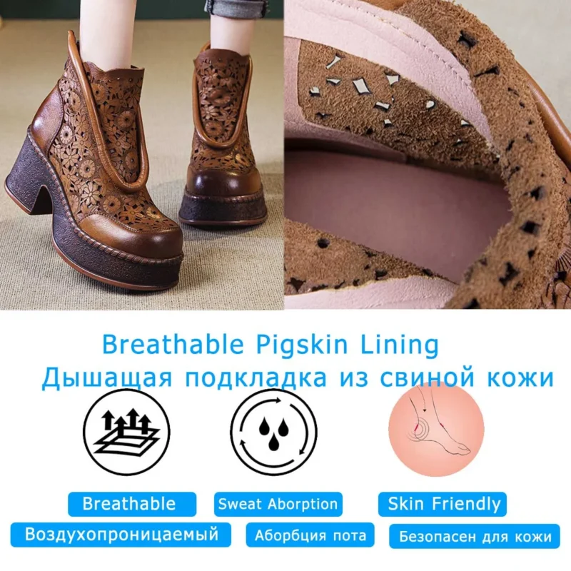 Botki damskie z ażurową cholewką i grubym obcasem - ujęcie produktu