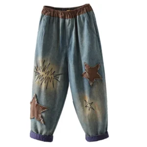 Jeansy damskie baggy z haftem, patchworkowe, w stylu retro