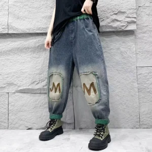 Jeansy damskie baggy z wysokim stanem, z elastycznego denimu, patchworkowe